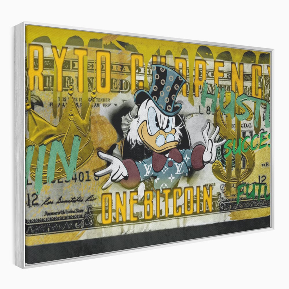 Tablou canvas cu tablou canvas cu donald duck si bitcoin, in rama de aluminiu argintiu